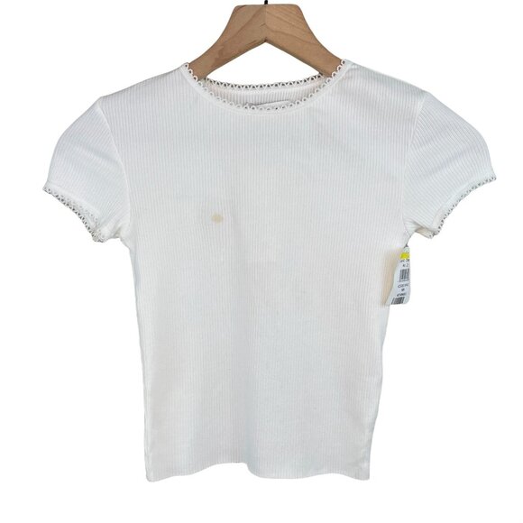 Topshop white picot trim ribbed short sleeve crewneck crop tee 2 or extra small - Picture 3 of 12